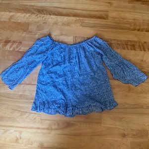 Blue and patterned off the shoulder blouse